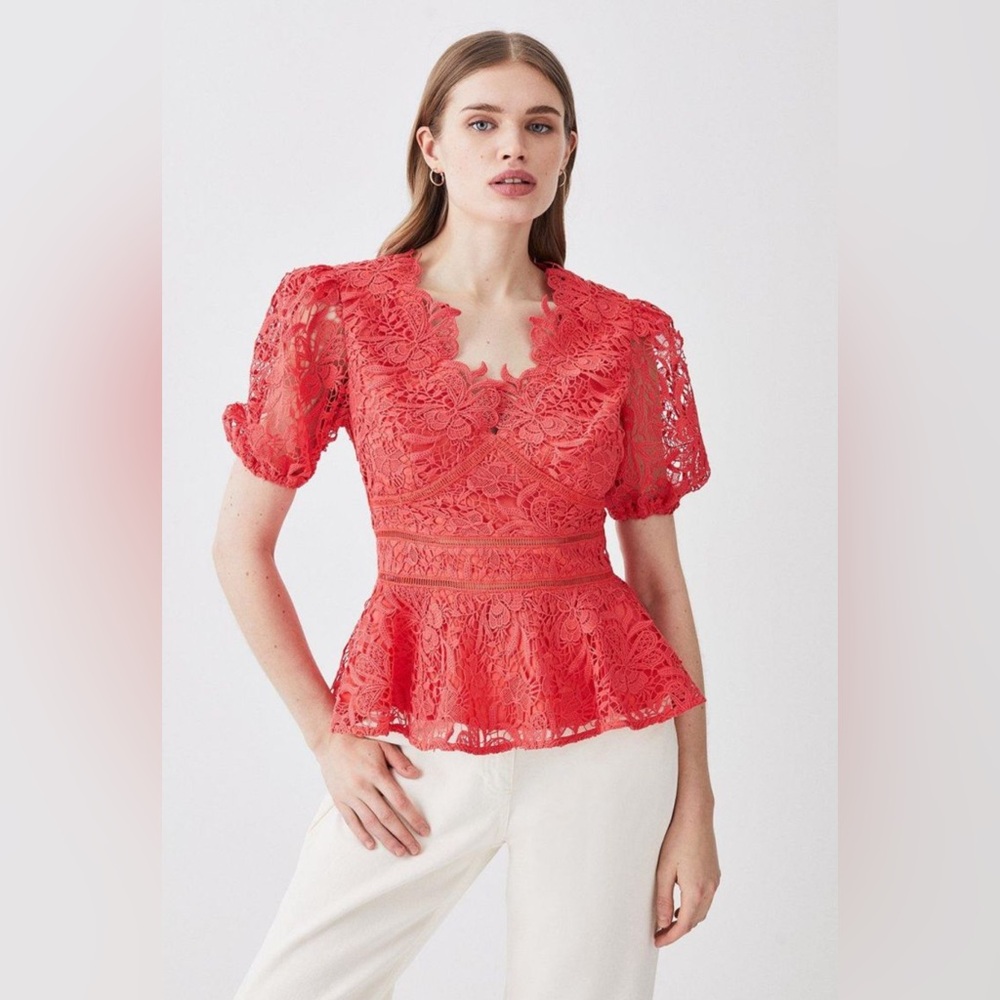 Karen Millen Coral Lace Peplum Top with Puff Sleeves